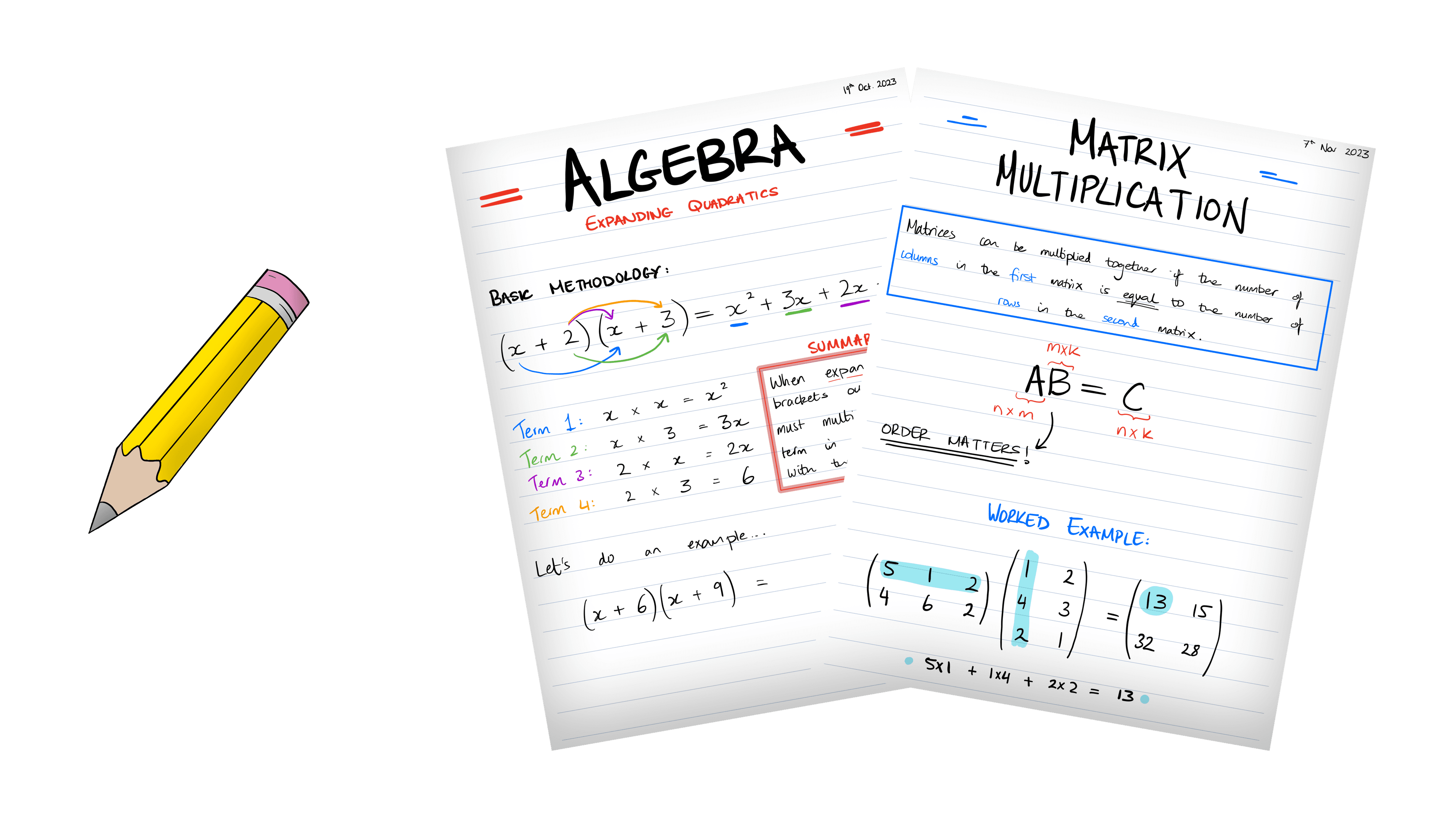 Example notes and cartoon pencil